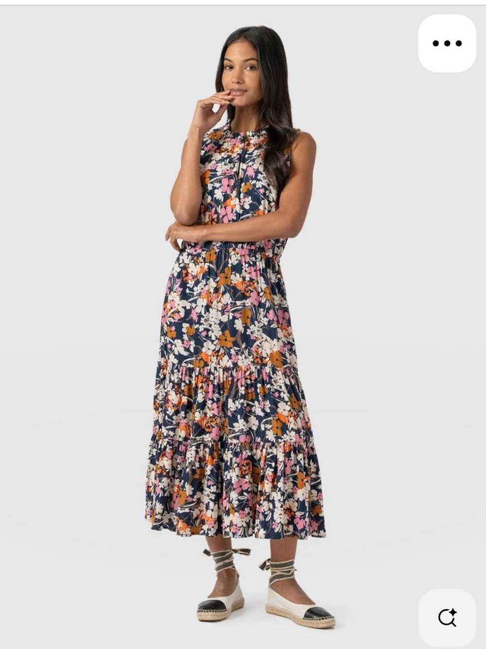 Sleeveless Navy Floral Tiered Maxi Dress with Pink & Orange Blooms